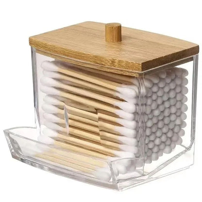 Transparent Square Cotton Swab Storage Box with Bamboo Lid, Double Head Cotton Buds & Toothpick Organizer