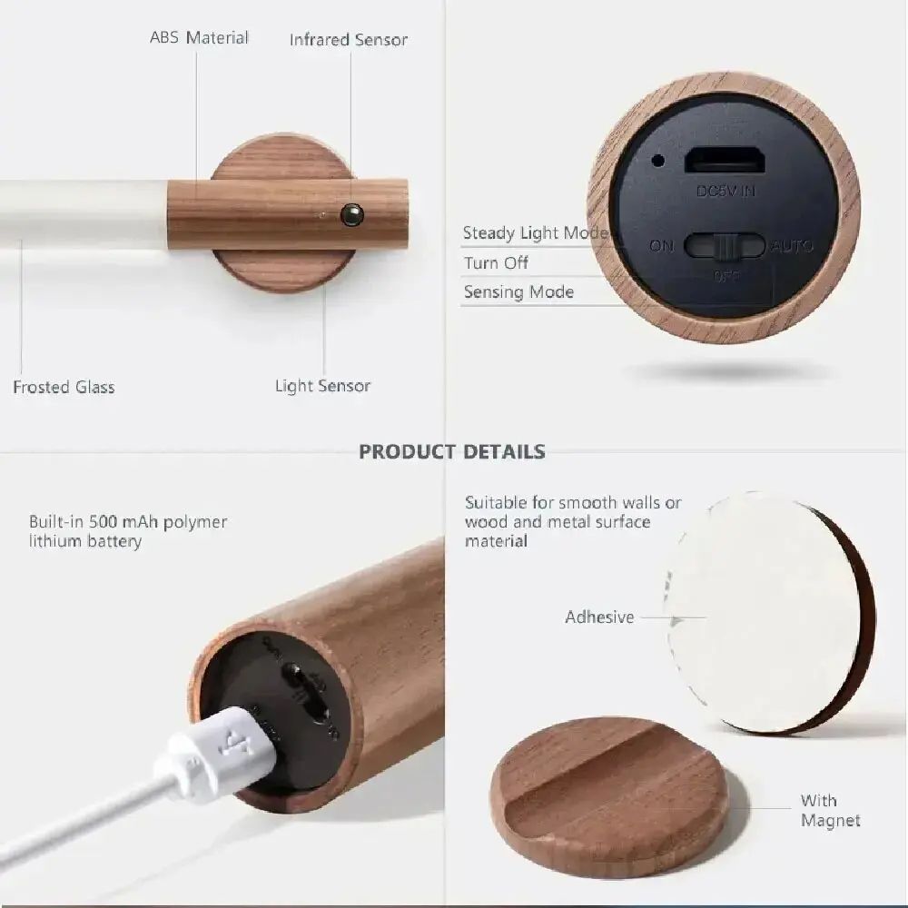 Creative Intelligent Auto PIR Motion Sensor LED Rechargeable Magnetic Night Light Wood Wall Light F 4