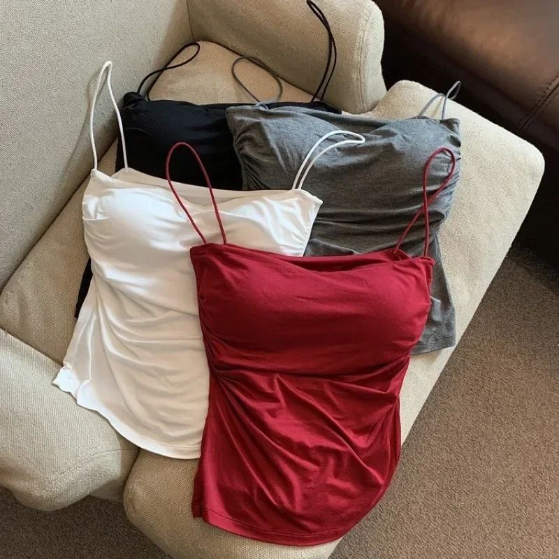 Women Spaghetti Strap Tanks with Built-In Bra, Casual Solid Color Camis for Summer