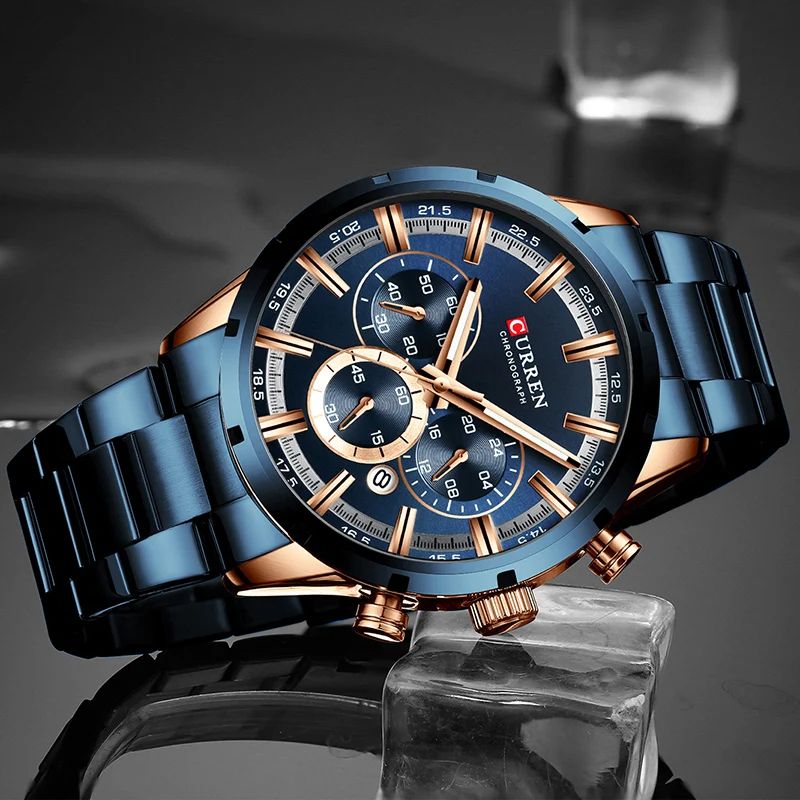 CURREN Mens Luxury Sports Quartz Watch Full Steel Waterproof Chronograph 1