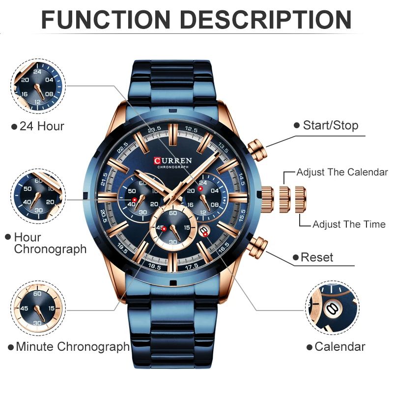 CURREN Mens Luxury Sports Quartz Watch Full Steel Waterproof Chronograph 2
