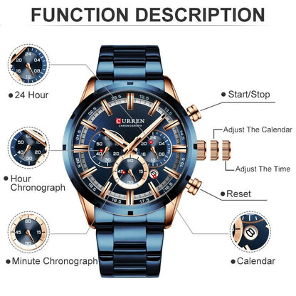 CURREN Mens Luxury Sports Quartz Watch Full Steel Waterproof Chronograph 2