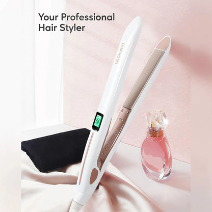 Professional Titanium Flat Iron Hair Straightener with Digital LCD Display, Dual Voltage for Salon & Home Use