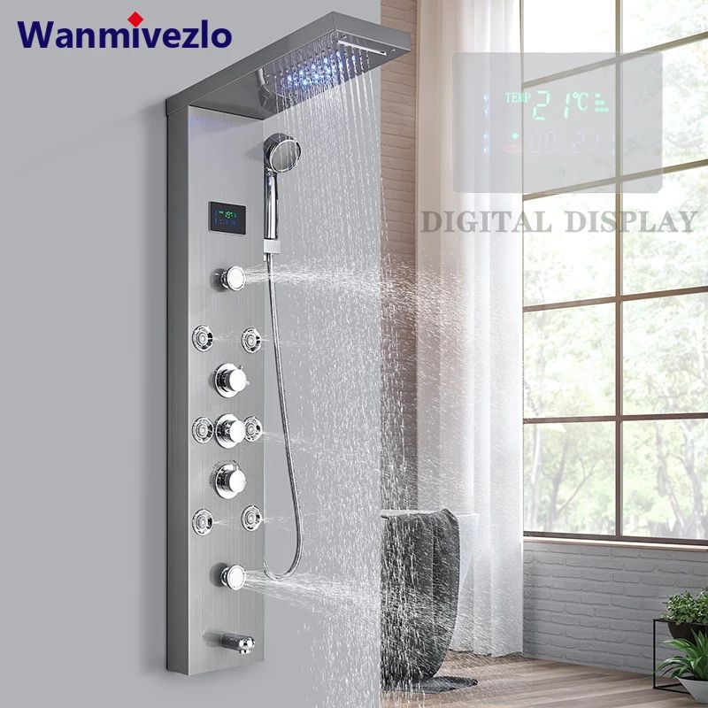LED Light Bathroom Shower Faucet Set, Rainfall Panel System with Digital Temperature Display, Massage SPA Jets, and Bat