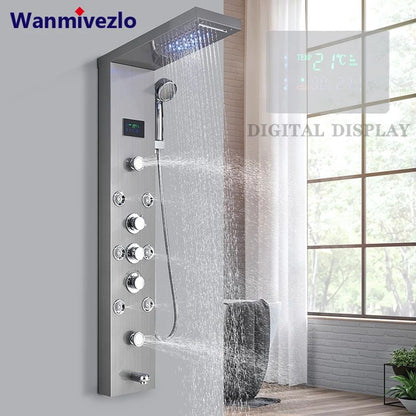 LED Light Bathroom Shower Faucet Set, Rainfall Panel System with Digital Temperature Display, Massage SPA Jets, and Bat