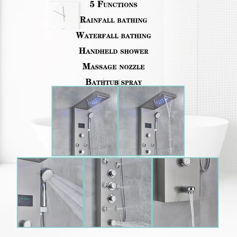 LED Light Bathroom Shower Faucet Set Rainfall Panel System With Digital Temperature Display Massage 1