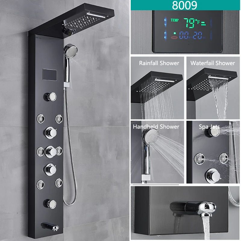 LED Light Bathroom Shower Faucet Set Rainfall Panel System With Digital Temperature Display Massage 5