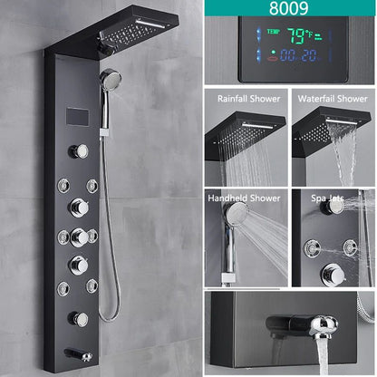 LED Light Bathroom Shower Faucet Set Rainfall Panel System With Digital Temperature Display Massage 5
