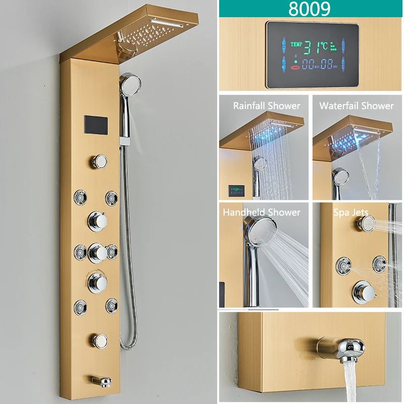 LED Light Bathroom Shower Faucet Set Rainfall Panel System With Digital Temperature Display Massage 7