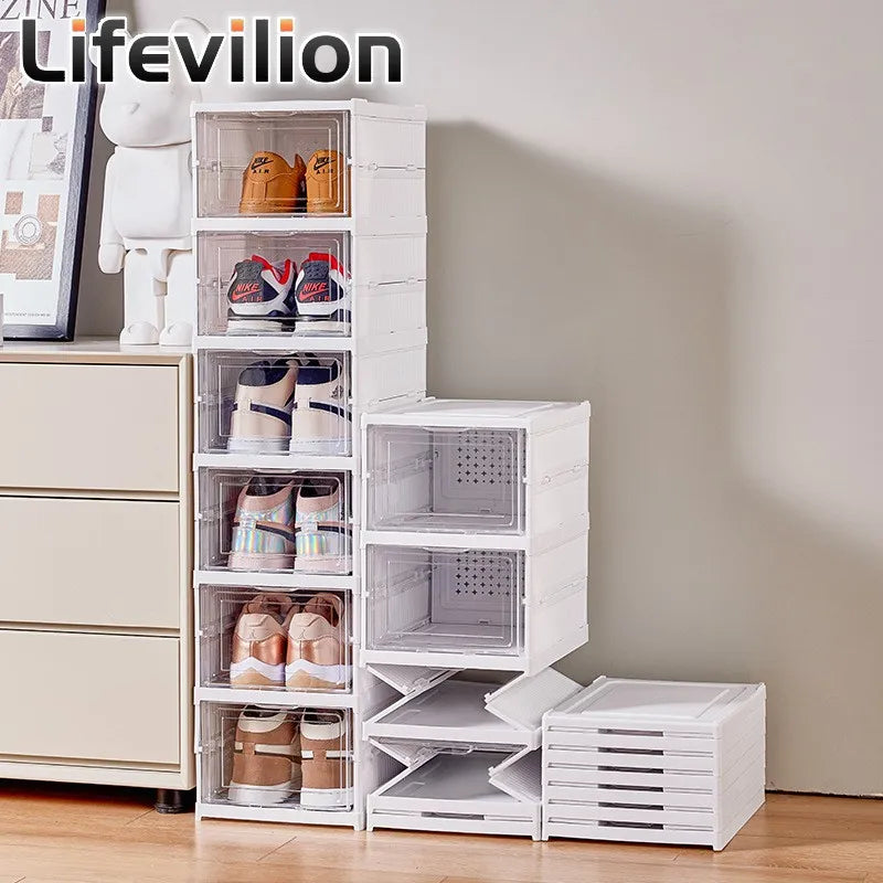 6Layer Foldable Shoe Box Organizer Transparent Stackable Sneaker Storage with Dustproof Design