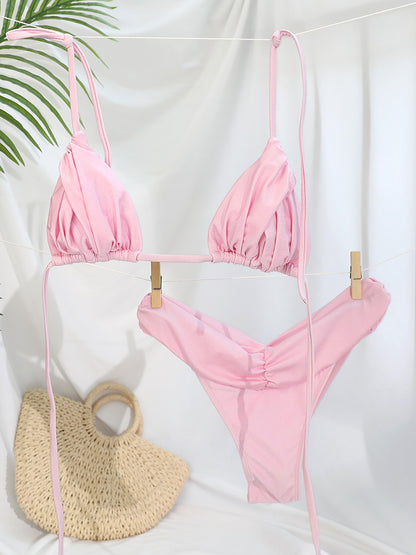 Flattering Triangle Bikini Swimsuit Solid Color Bikinis With Bandage Bathsuit Low Rise Waist Bathwe 7