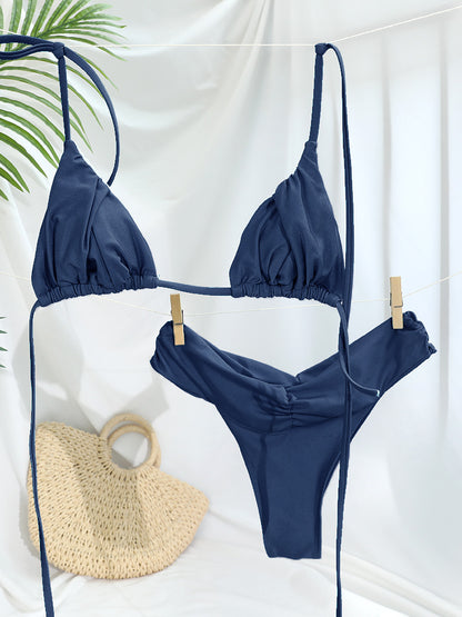 Flattering Triangle Bikini Swimsuit Solid Color Bikinis With Bandage Bathsuit Low Rise Waist Bathwe 8