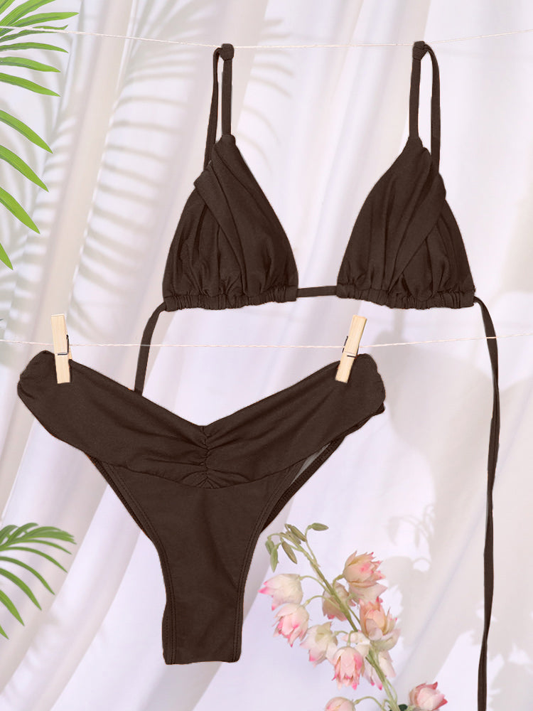 Flattering Triangle Bikini Swimsuit Solid Color Bikinis With Bandage Bathsuit Low Rise Waist Bathwe 11