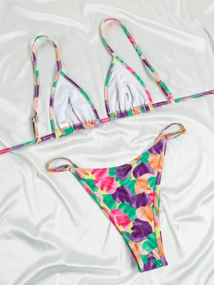 Closeup view of tie dye bikini set fabric stretch and stitching