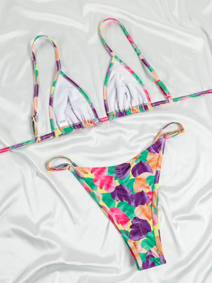 Closeup view of tie dye bikini set fabric stretch and stitching