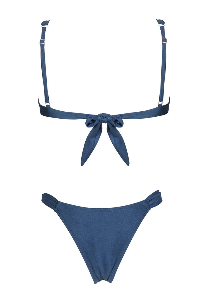 Purplish Blue Women Swimwear Bikinis Thongs Sexy Knot Bikini Beachwear Solid TwoPiece Bathing Suit  4