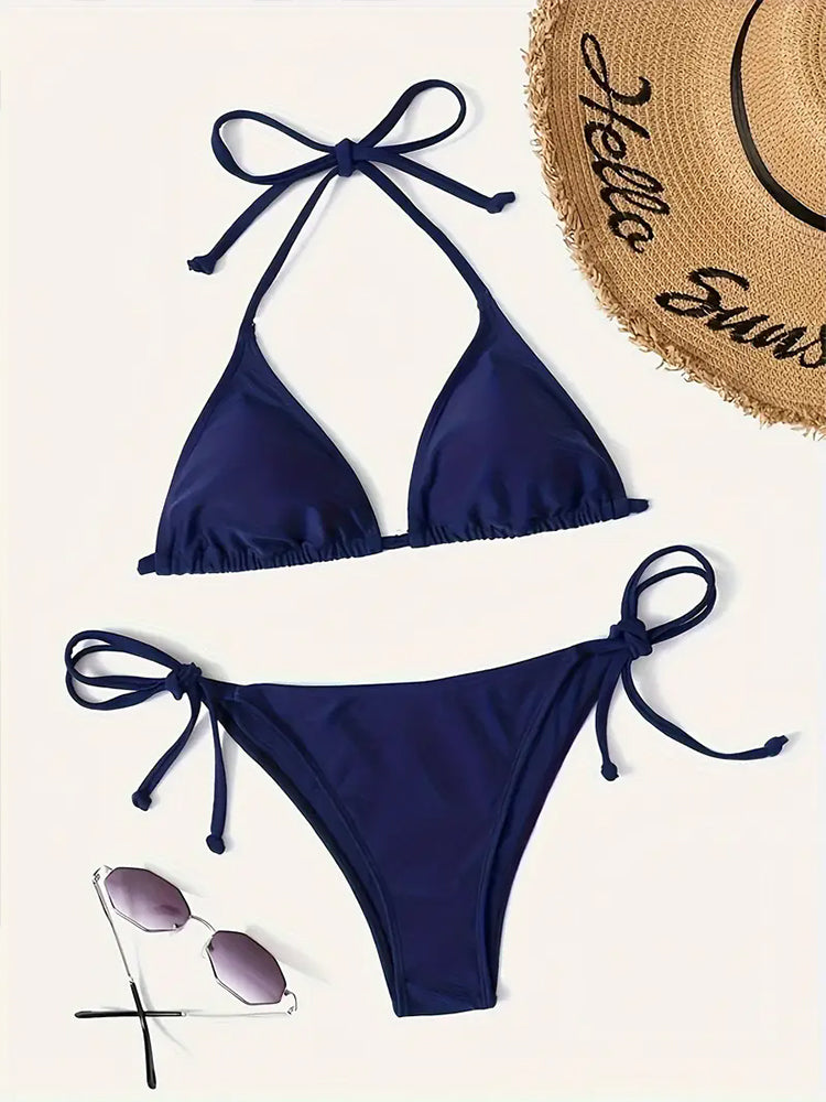 Sexy Swimwear Thong Bikini Set Sexy, New Navy Blue Swimsuits Woman Sexy Bathing Suits with Bikinis Triangle Bandage