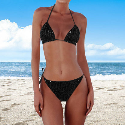 Sexy Sequin Bikini Triangle Swimsuit Set Womens Halter Tie Beach Wear Swimwear 2