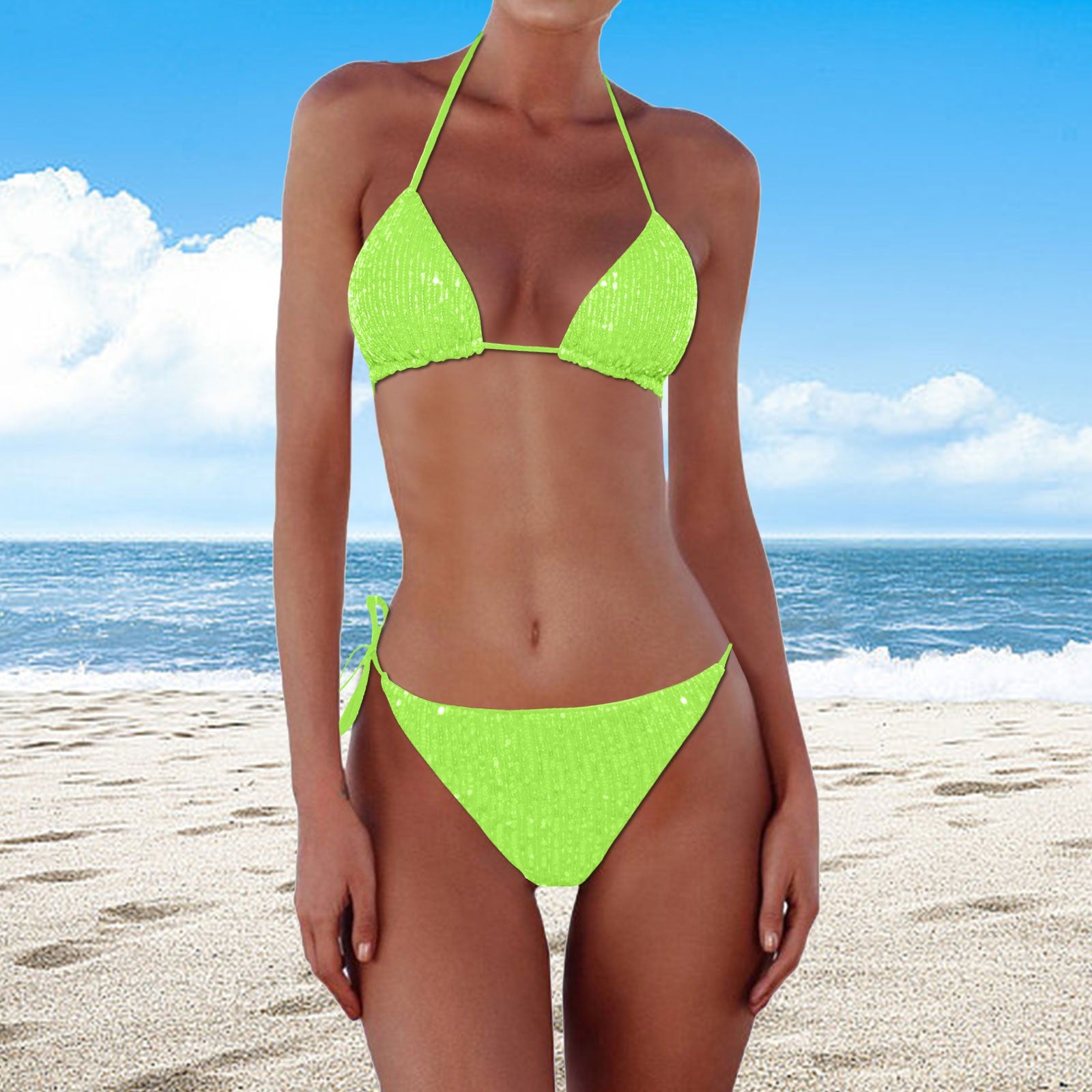 Sexy Sequin Bikini Triangle Swimsuit Set, Women's Halter Tie Beach Wear Swimwear