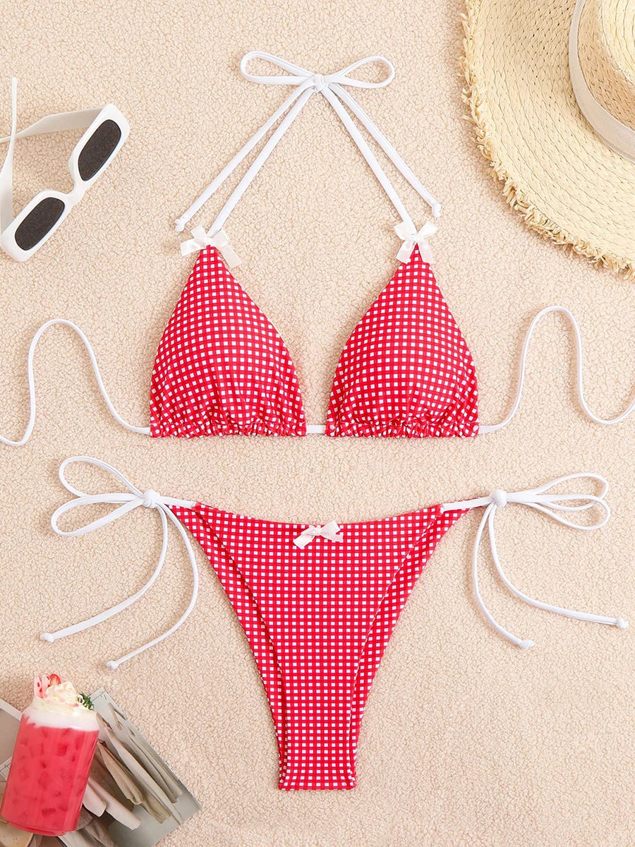 Sexy Bikini Swimwear Women's Halter Thong Bikinis Sets with Butterfly Decor Checked Pattern for Beachwear Bathing Suit