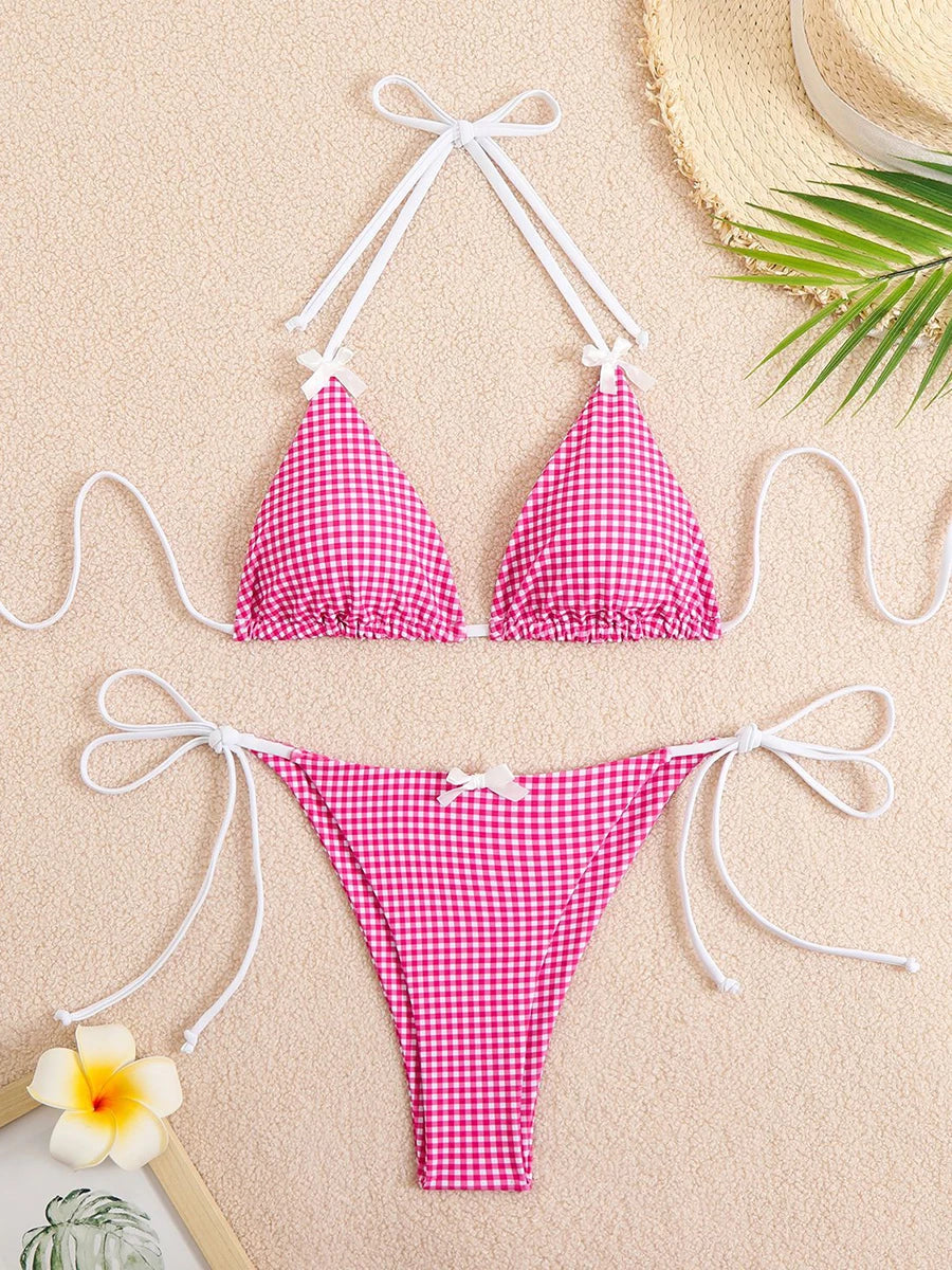 Sexy Bikini Swimwear Women's Halter Thong Bikinis Sets with Butterfly Decor Checked Pattern for Beachwear Bathing Suit