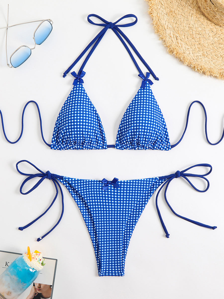 Sexy Bikini Swimwear Women's Halter Thong Bikinis Sets with Butterfly Decor Checked Pattern for Beachwear Bathing Suit