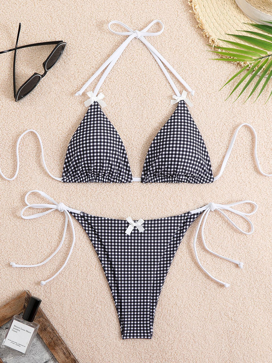 Sexy Bikini Swimwear Women's Halter Thong Bikinis Sets with Butterfly Decor Checked Pattern for Beachwear Bathing Suit