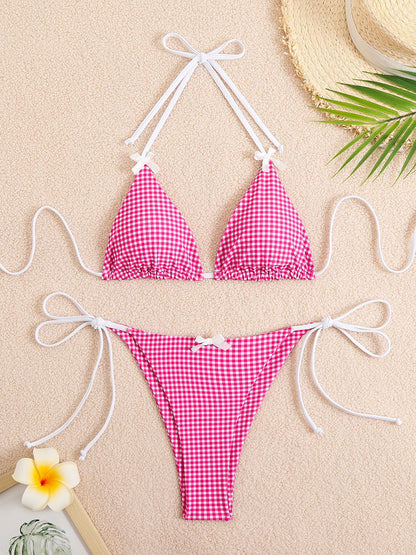 Sexy Bikini Swimwear Women's Halter Thong Bikinis Sets with Butterfly Decor Checked Pattern for Beachwear Bathing Suit