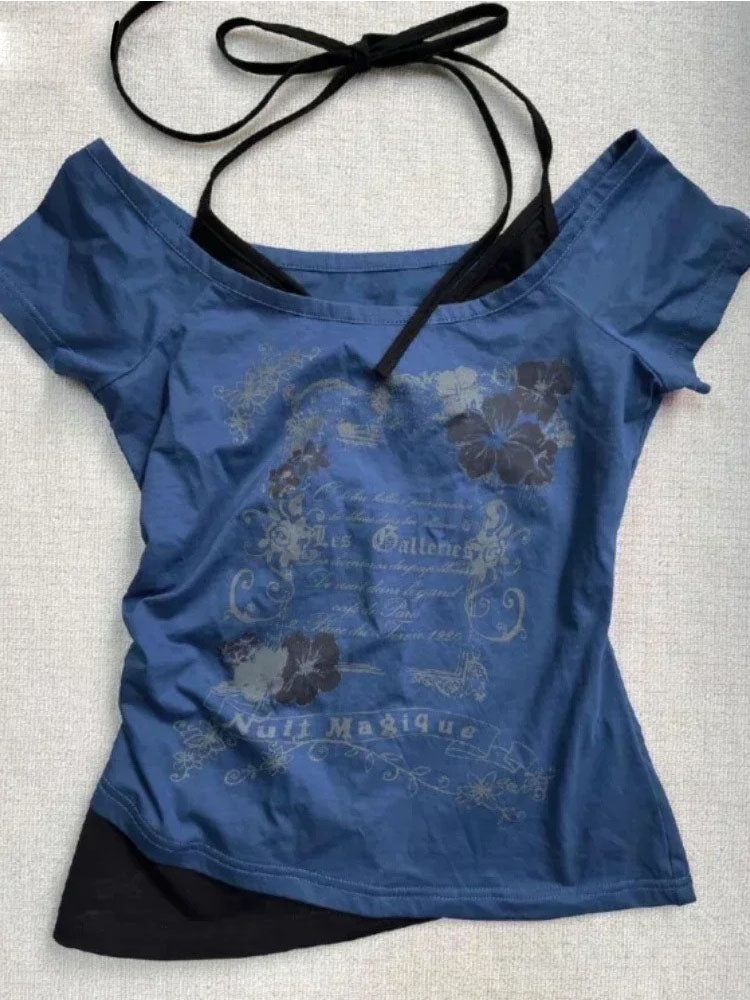 Flattering Vintage Fake Two Piece Halter Lace Up TShirts Slim Fit Print Tops Women Love For Beach   3
