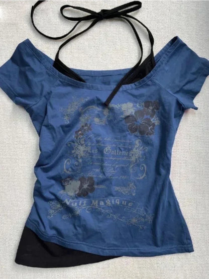 Flattering Vintage Fake Two Piece Halter Lace Up TShirts Slim Fit Print Tops Women Love For Beach   3
