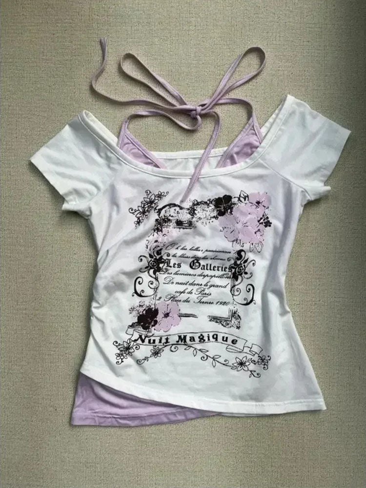Flattering Vintage Fake Two Piece Halter Lace Up TShirts Slim Fit Print Tops Women Love For Beach   5
