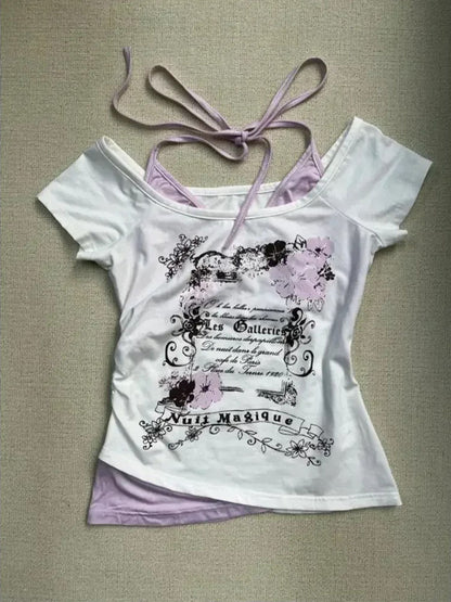 Flattering Vintage Fake Two Piece Halter Lace Up TShirts Slim Fit Print Tops Women Love For Beach   5