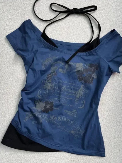 Flattering Vintage Fake Two Piece Halter Lace Up TShirts Slim Fit Print Tops Women Love For Beach   4