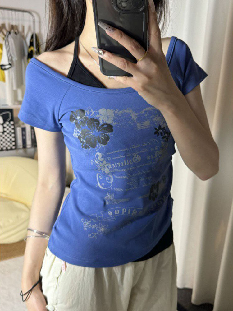 Flattering Vintage Fake Two Piece Halter Lace Up TShirts Slim Fit Print Tops Women Love For Beach   2