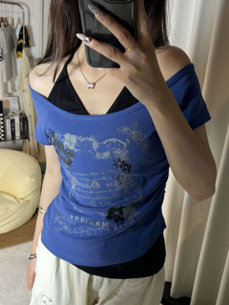 Flattering Vintage Fake Two Piece Halter Lace Up TShirts Slim Fit Print Tops Women Love For Beach   1