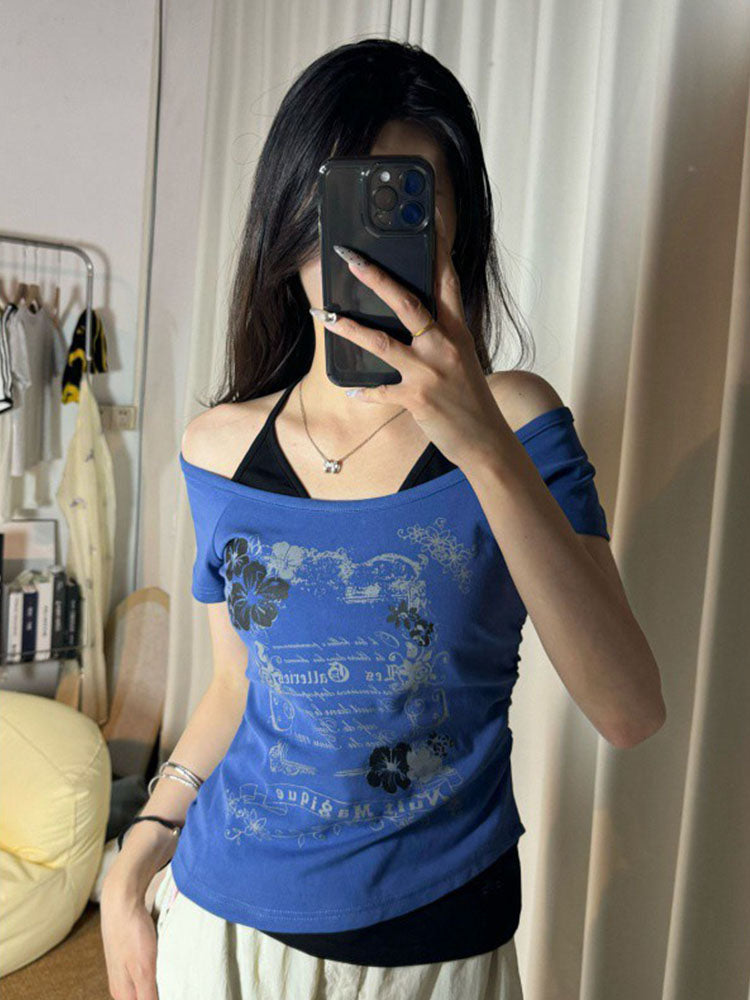 Flattering Vintage Fake Two Piece Halter Lace Up T-Shirts, Slim Fit Print Tops Women Love for Beach & Date Nights