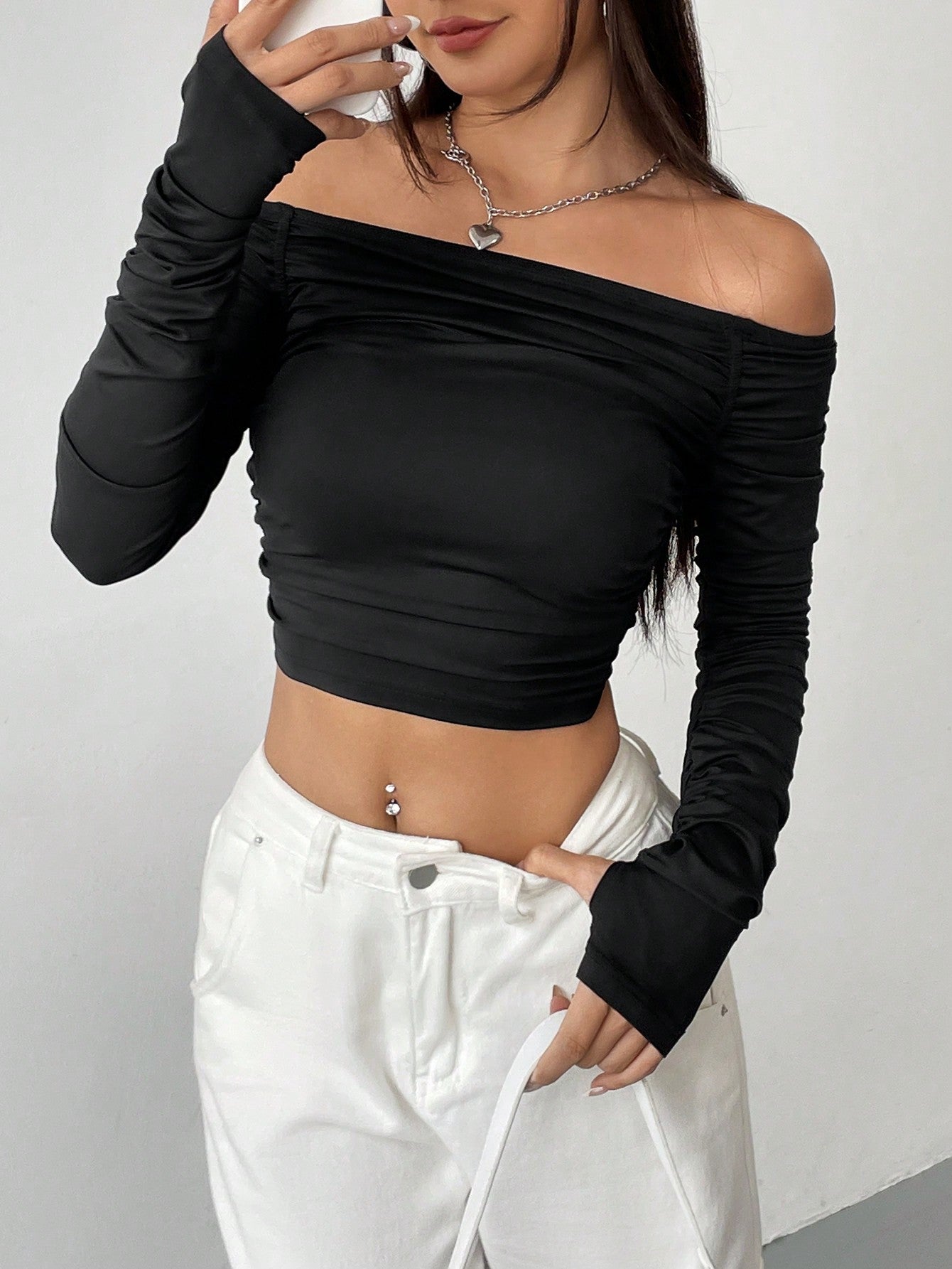 New Line Shoulder Mesh Long Sleeve Slim-Fit Women's Crop T-Shirt,Hottie Sexy Explosion Street Wear Short Top
