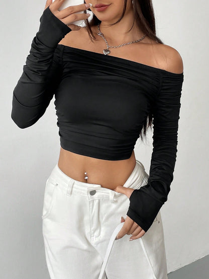 New Line Shoulder Mesh Long Sleeve Slim-Fit Women's Crop T-Shirt,Hottie Sexy Explosion Street Wear Short Top