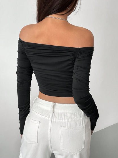 New Line Shoulder Mesh Long Sleeve SlimFit Womens Crop TShirtHottie Sexy Explosion Street Wear Shor 1