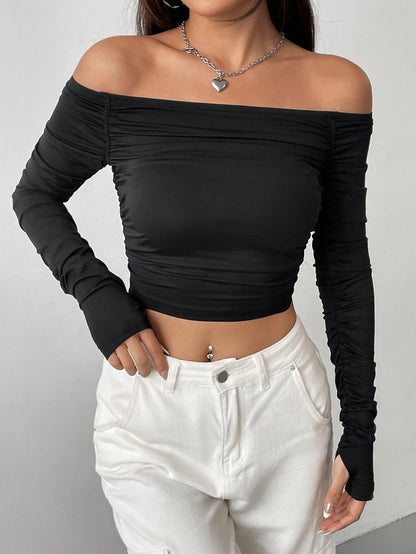 New Line Shoulder Mesh Long Sleeve SlimFit Womens Crop TShirtHottie Sexy Explosion Street Wear Shor 4