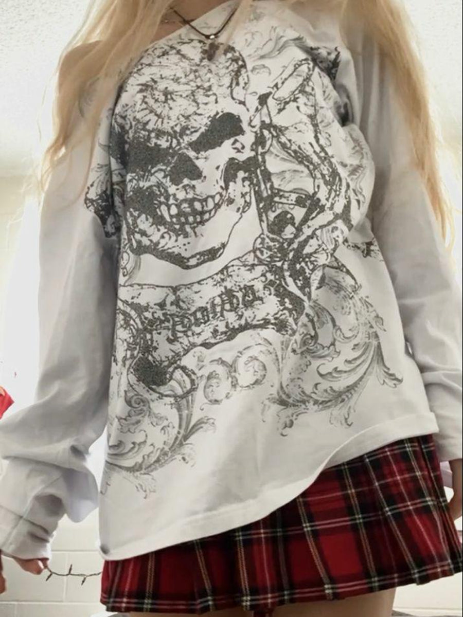 Women Grunge Fairy Tops Fashion Halloween Party Blouse, Long Sleeve Off Shoulder Skull Print Casual Street Fall T-Shirt