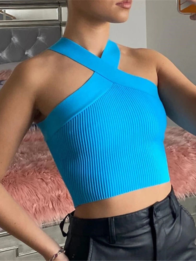 Sexy Women Knitted Tank Tops, Summer Slim Off Shoulder Cropped Solid Halter Base Vest Black for Women