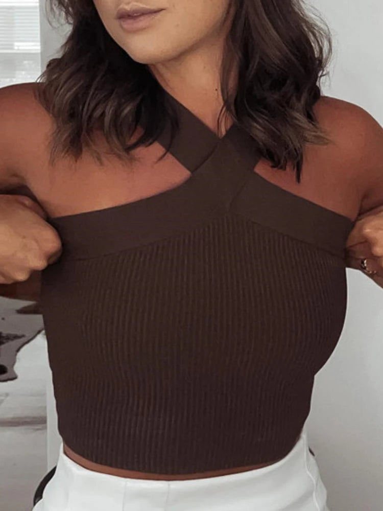 Sexy Women Knitted Tank Tops, Summer Slim Off Shoulder Cropped Solid Halter Base Vest Black for Women