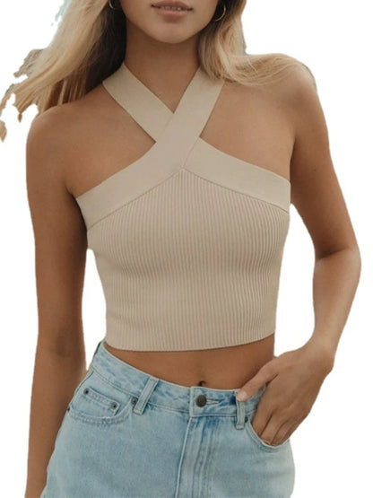 Sexy Women Knitted Tank Tops, Summer Slim Off Shoulder Cropped Solid Halter Base Vest Black for Women