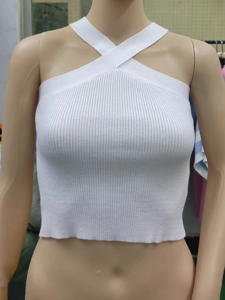 Sexy Women Knitted Tank Tops, Summer Slim Off Shoulder Cropped Solid Halter Base Vest Black for Women