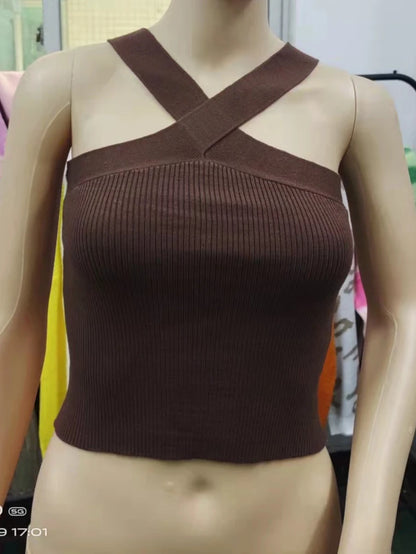Sexy Women Knitted Tank Tops, Summer Slim Off Shoulder Cropped Solid Halter Base Vest Black for Women