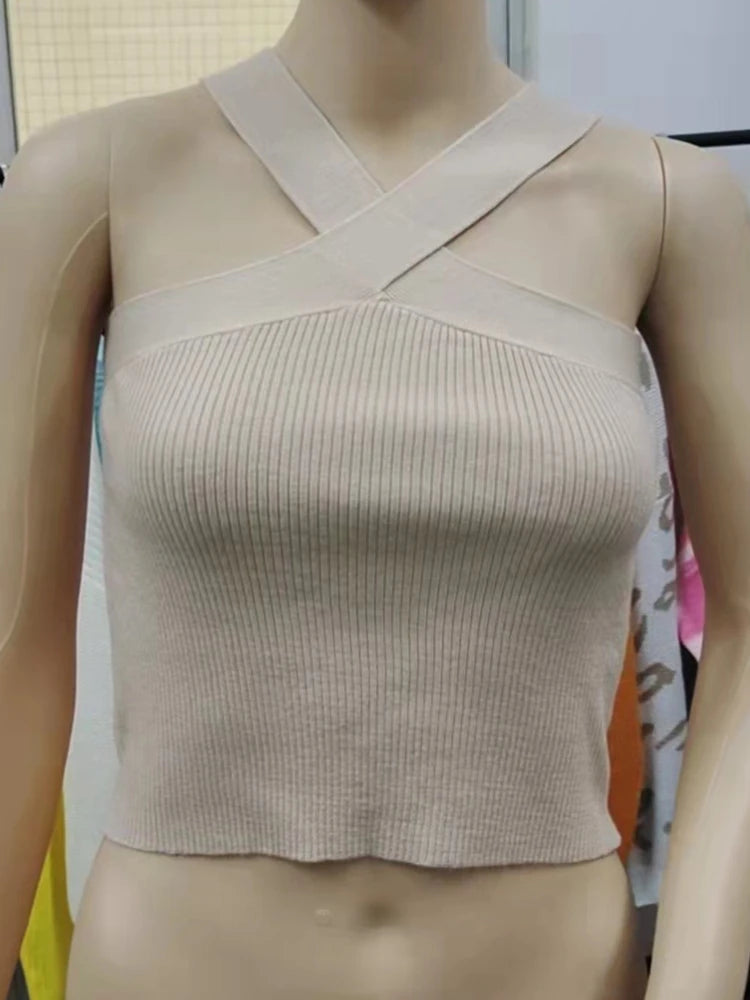 Sexy Women Knitted Tank Tops, Summer Slim Off Shoulder Cropped Solid Halter Base Vest Black for Women