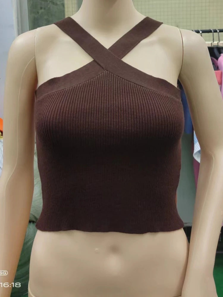 Sexy Women Knitted Tank Tops, Summer Slim Off Shoulder Cropped Solid Halter Base Vest Black for Women