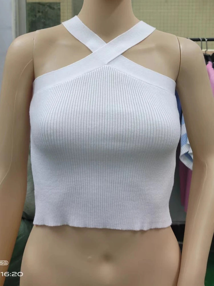 Sexy Women Knitted Tank Tops, Summer Slim Off Shoulder Cropped Solid Halter Base Vest Black for Women