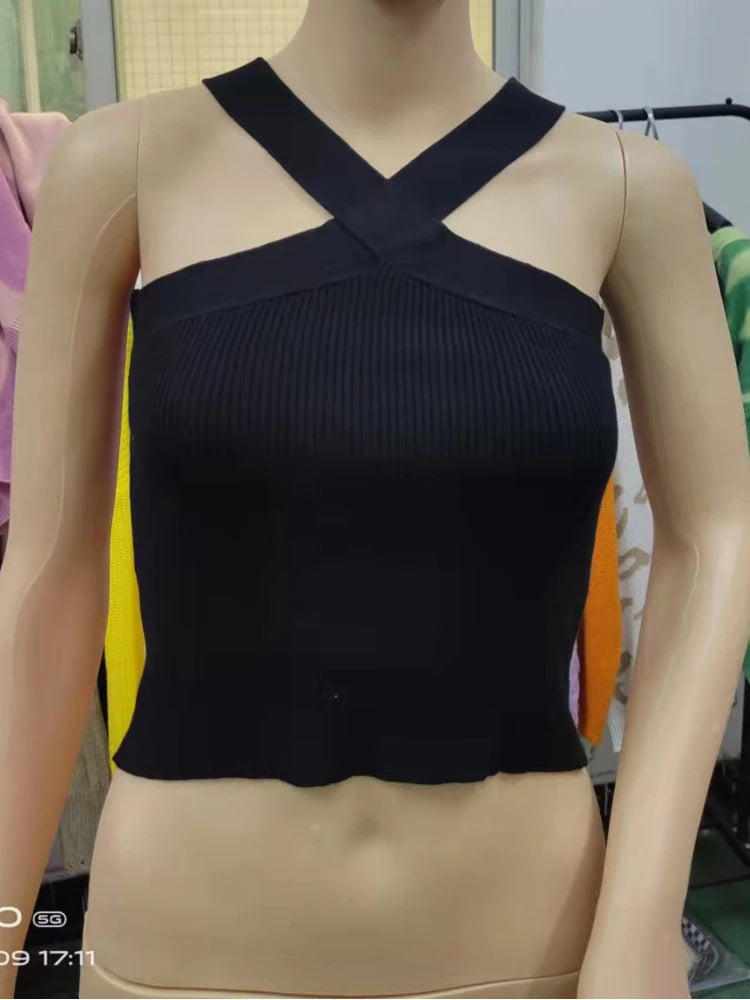 Sexy Women Knitted Tank Tops, Summer Slim Off Shoulder Cropped Solid Halter Base Vest Black for Women